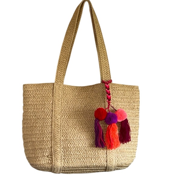 Draper James Tan Woven Straw Summer Tote with Colorful Tassel Accent - Picture 7 of 7